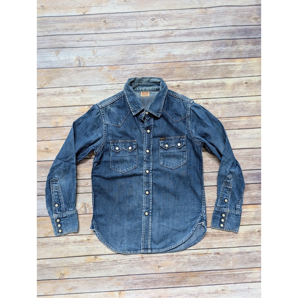 Wear Well UES Western Denim Shirt Mens Size 00 Blue Cotton Pearl Snap Workwear